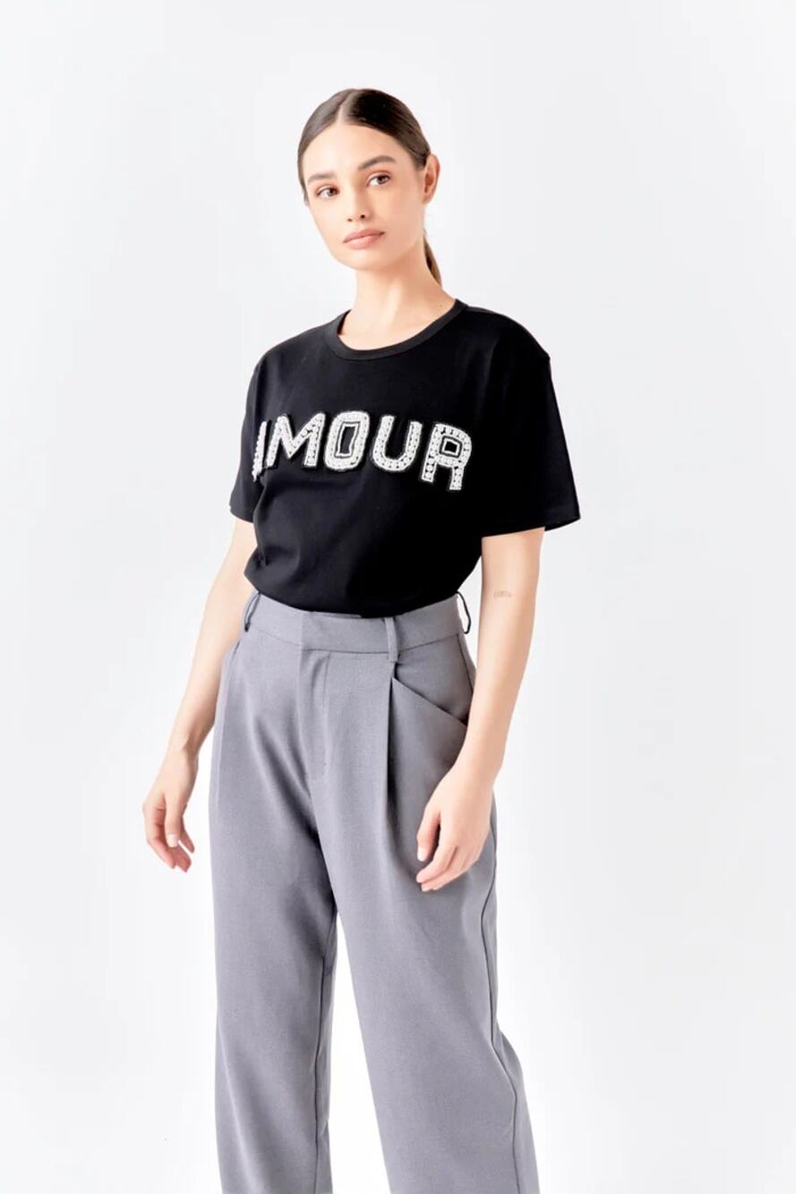 Endless Rose Amour Pearl Embroidered Short Sleeve Tee Black Women's XS
